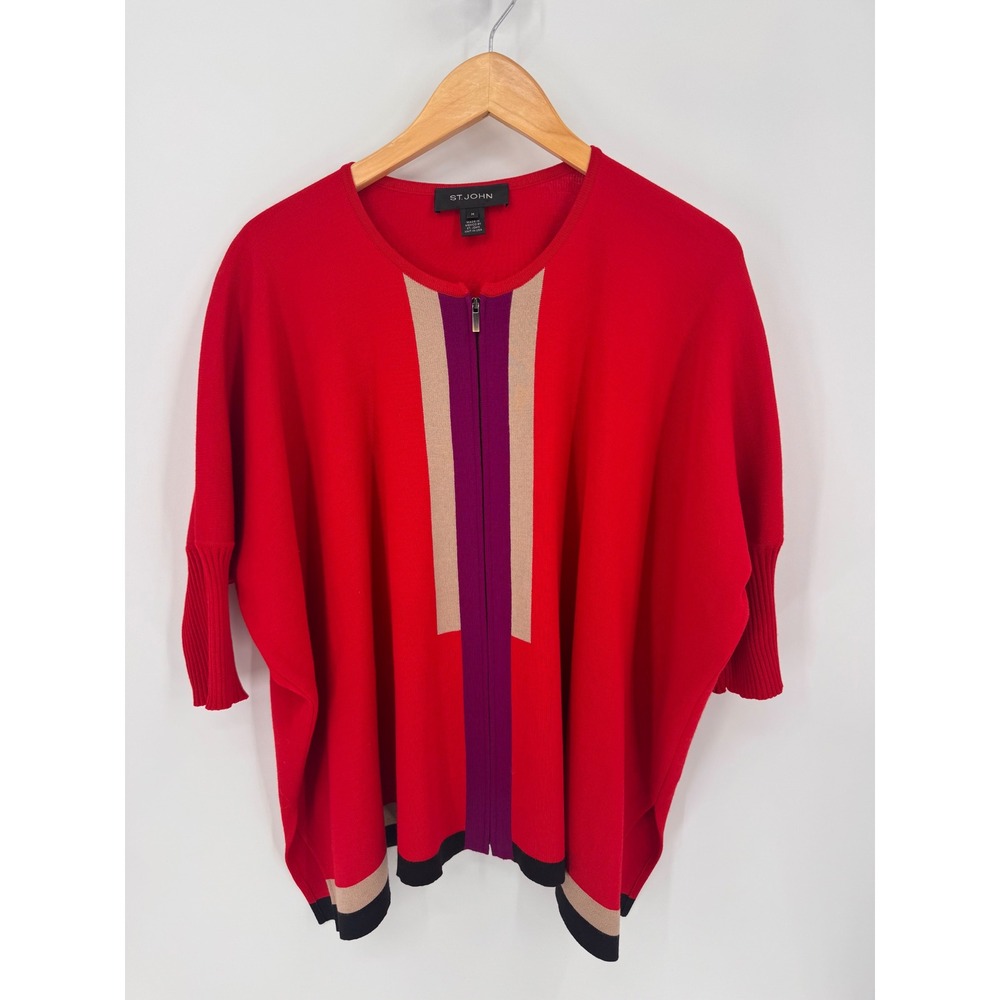 St. John Poncho Top Women Size M Red Colorblock Wool Blend Quarter Zip